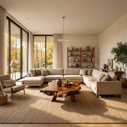 Coffee table in deep brown finish with flowing base design and rounded edges in a bright interior