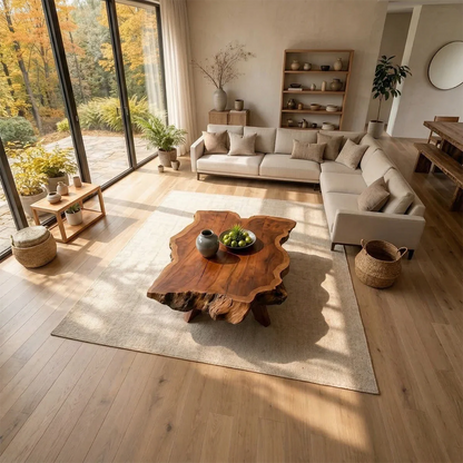 Coffee table with deep brown finish featuring smooth edges and balanced design in a modern space
