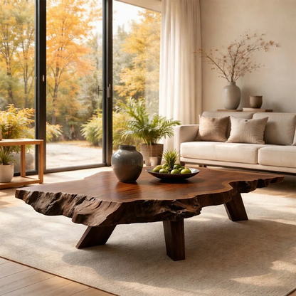 Contemporary coffee table in deep walnut finish with curved base form in a refined interior
