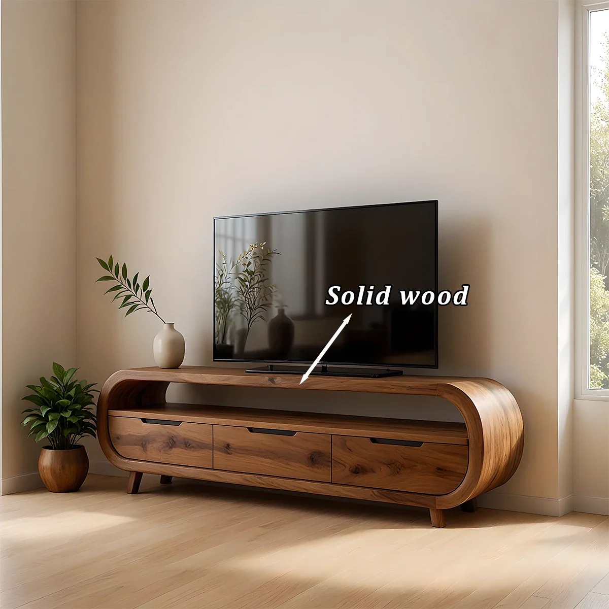 TV stand in espresso brown finish with subtle grain pattern and sleek lines in a modern home