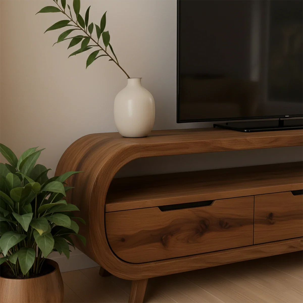 Espresso brown TV stand with smooth surface and subtle grain texture in a minimalist interior