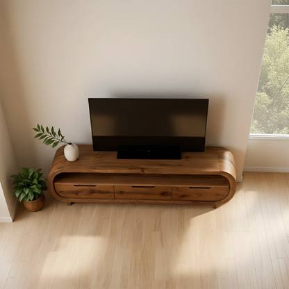 Espresso brown TV stand with seamless storage design and organic grain look in a modern room