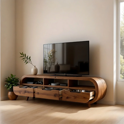 TV stand in espresso brown finish with clean silhouette and refined grain detail in a bright space