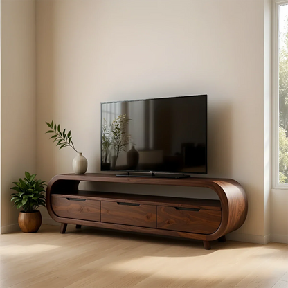 TV stand in espresso walnut finish with clean silhouette and refined grain detail in a bright space