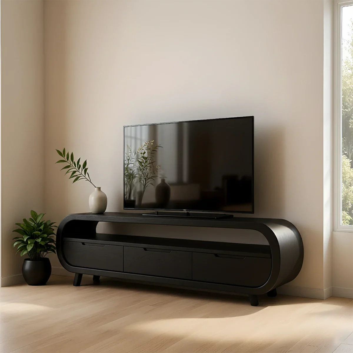 Espresso black TV stand with low profile structure and clean modern design in a neutral space