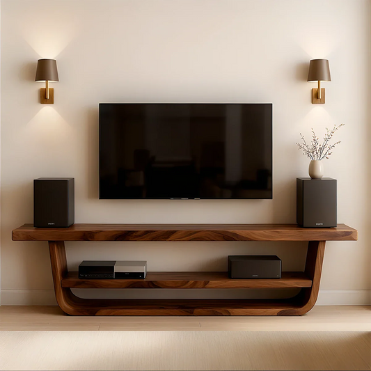 Natural brown TV stand with organic grain front panels and clean lines in a modern living room