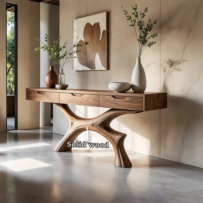 Minimal Natural Wood Console Table with Curved Sculptural Base and Drawers - ArborisWood - 10