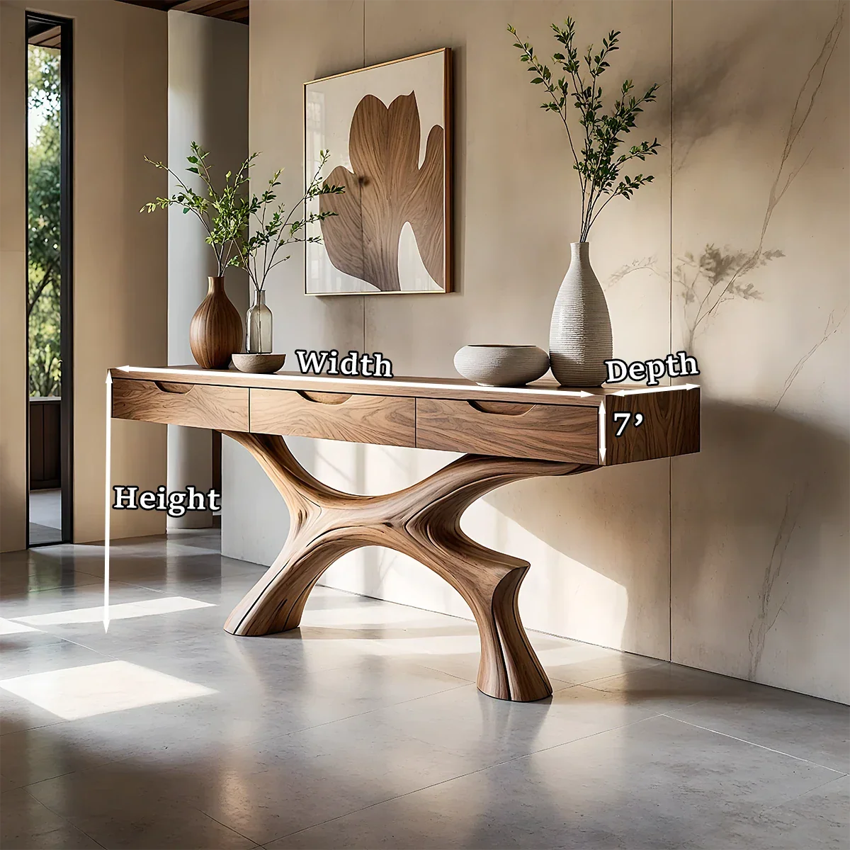 Minimal Natural Wood Console Table with Curved Sculptural Base and Drawers - ArborisWood - 11