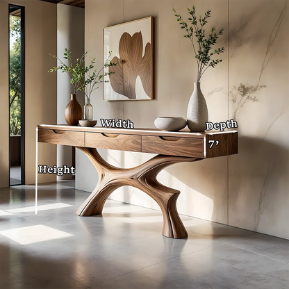 Minimal Natural Wood Console Table with Curved Sculptural Base and Drawers - ArborisWood - 11