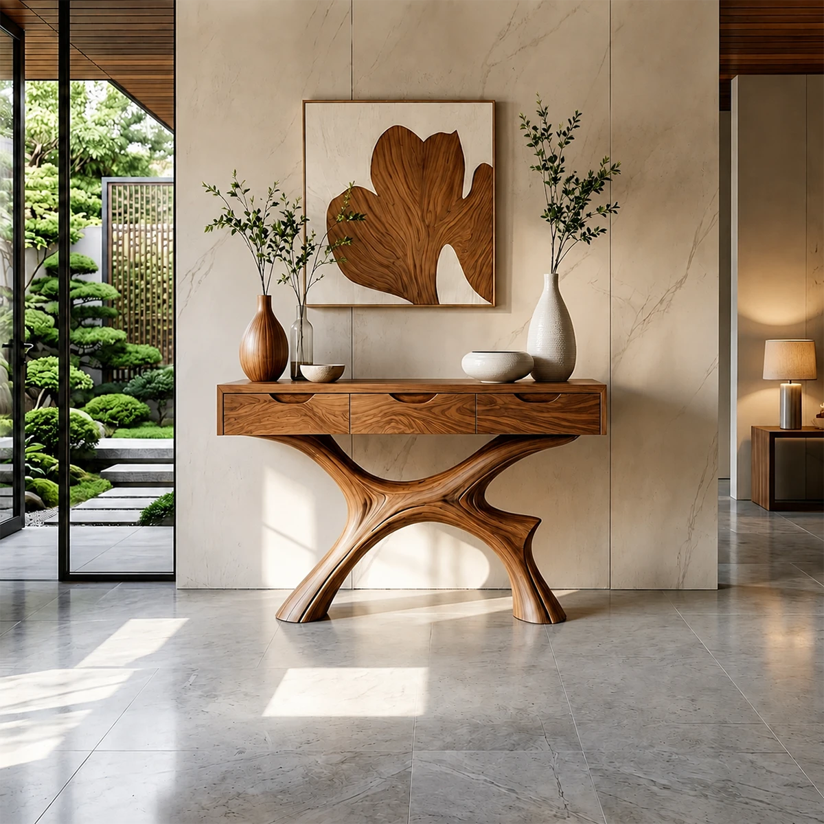 Minimal Natural Wood Console Table with Curved Sculptural Base and Drawers - ArborisWood - 12