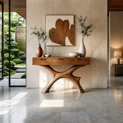 Minimal Natural Wood Console Table with Curved Sculptural Base and Drawers - ArborisWood - 12