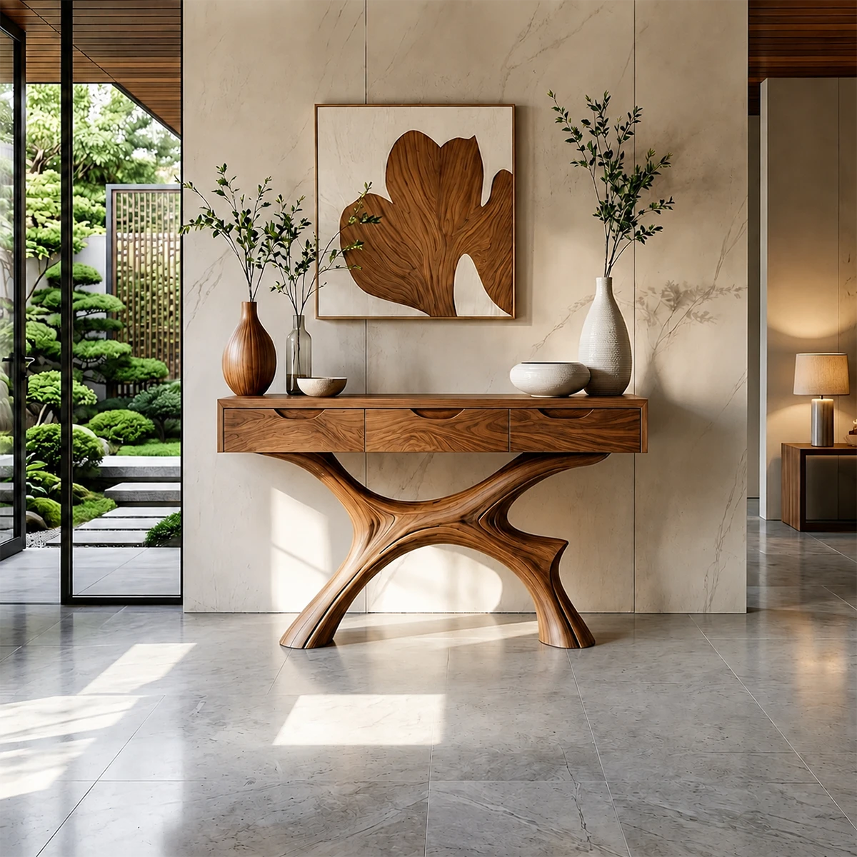 Minimal Natural Wood Console Table with Curved Sculptural Base and Drawers - ArborisWood - 13