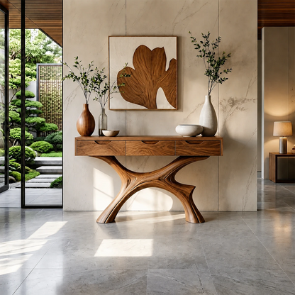 Minimal Natural Wood Console Table with Curved Sculptural Base and Drawers - ArborisWood - 13