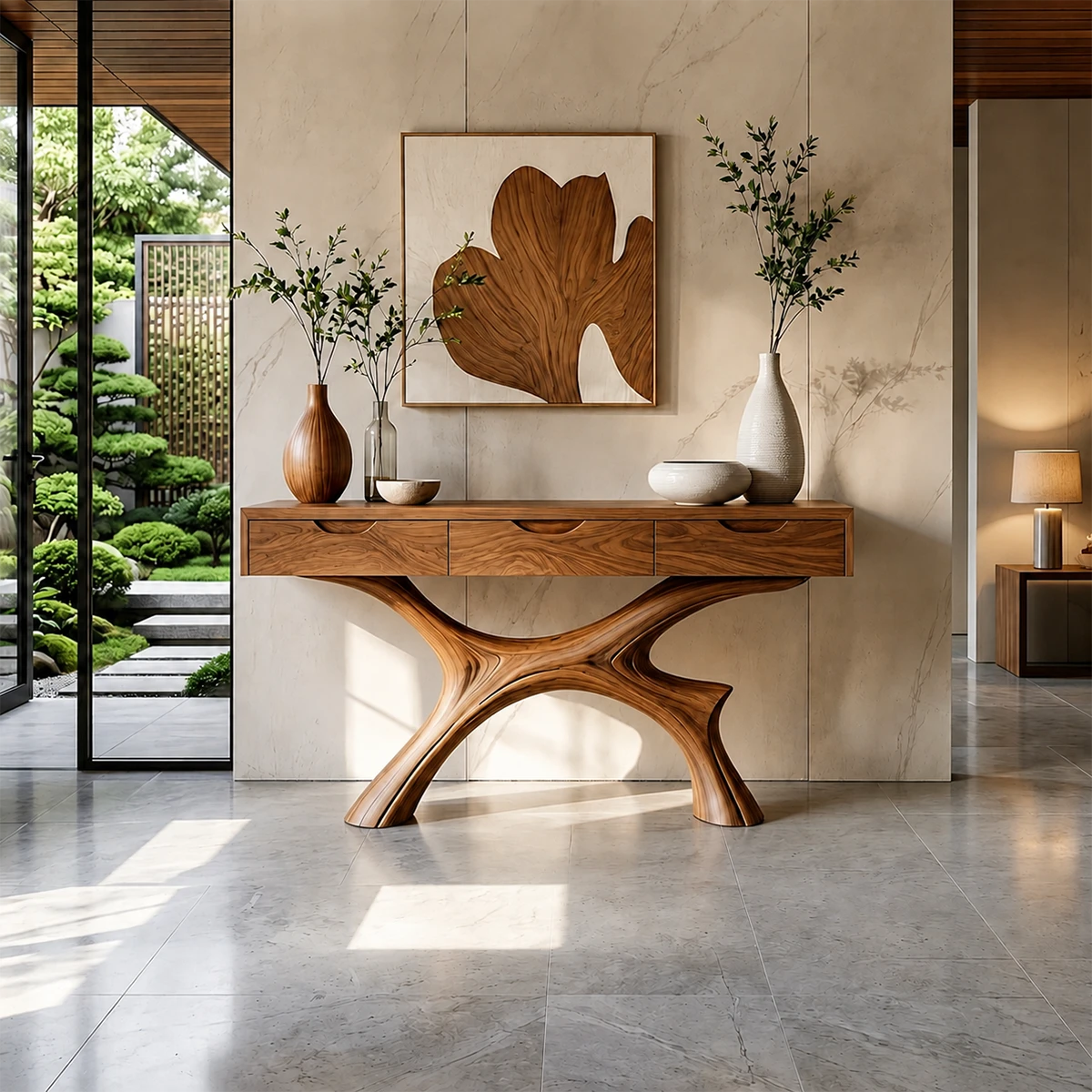 Minimal Natural Wood Console Table with Curved Sculptural Base and Drawers - ArborisWood - 14