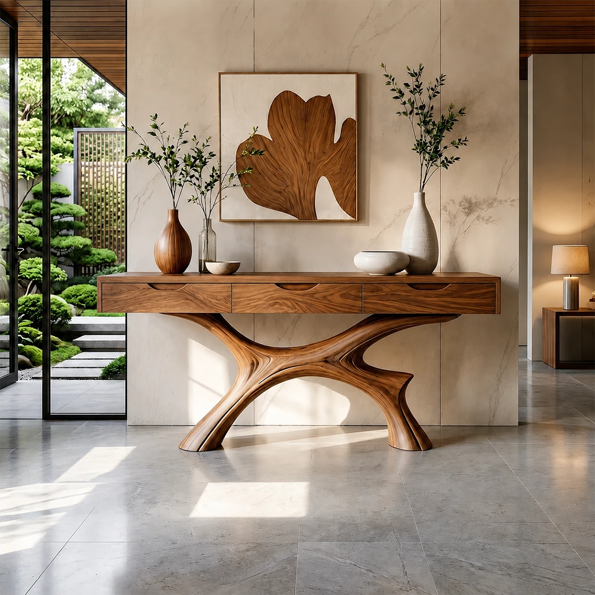 Minimal Natural Wood Console Table with Curved Sculptural Base and Drawers - ArborisWood - 16
