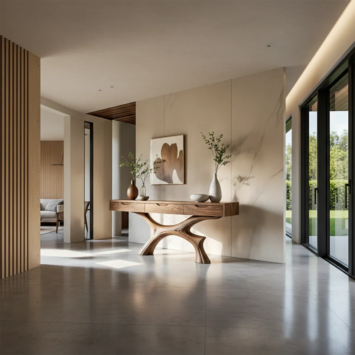 Minimal Natural Wood Console Table with Curved Sculptural Base and Drawers - ArborisWood - 2