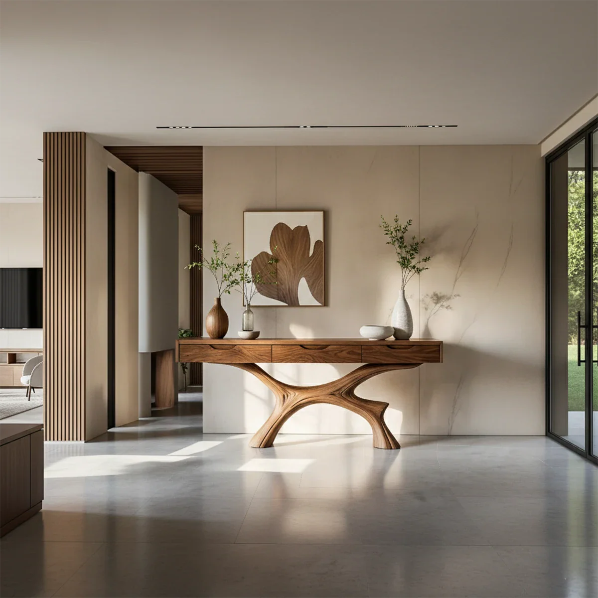 Minimal Natural Wood Console Table with Curved Sculptural Base and Drawers - ArborisWood - 3