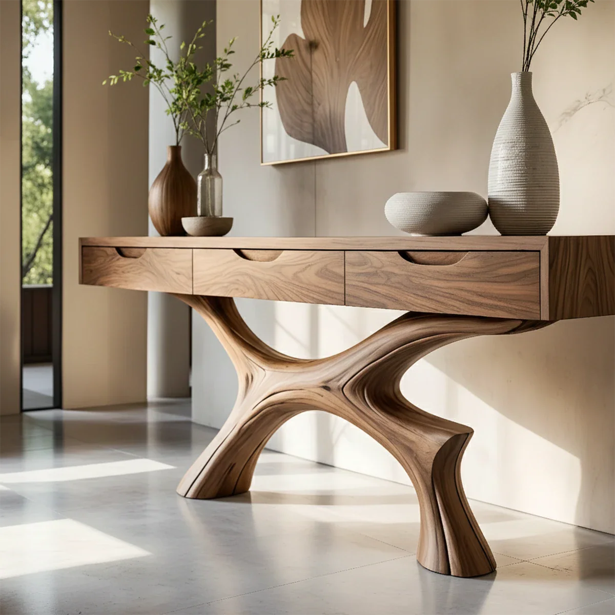 Minimal Natural Wood Console Table with Curved Sculptural Base and Drawers - ArborisWood - 4