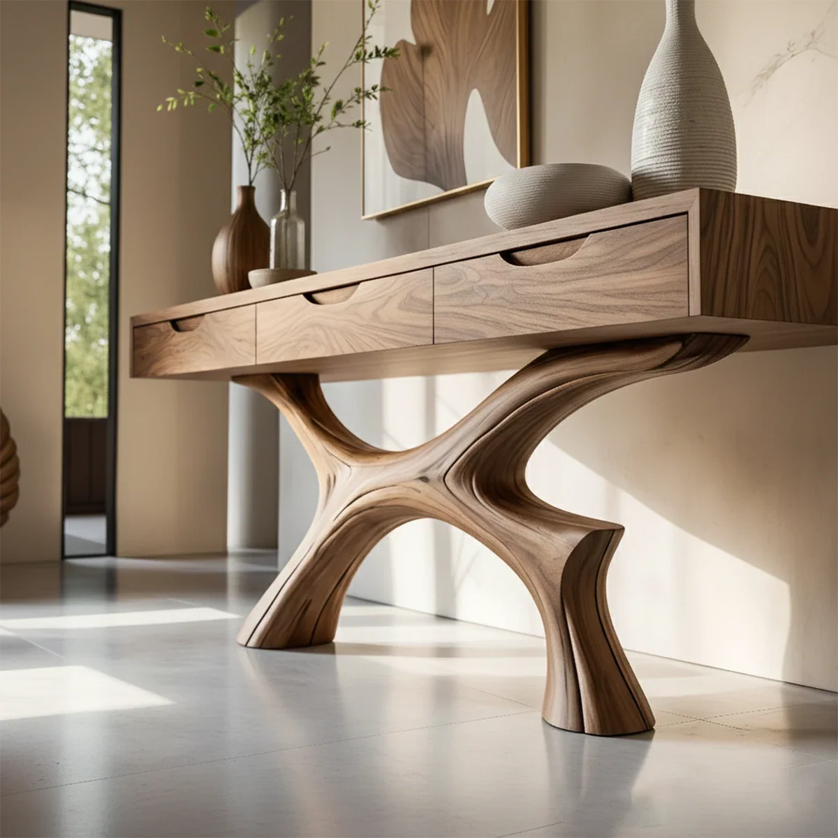 Minimal Natural Wood Console Table with Curved Sculptural Base and Drawers - ArborisWood - 5