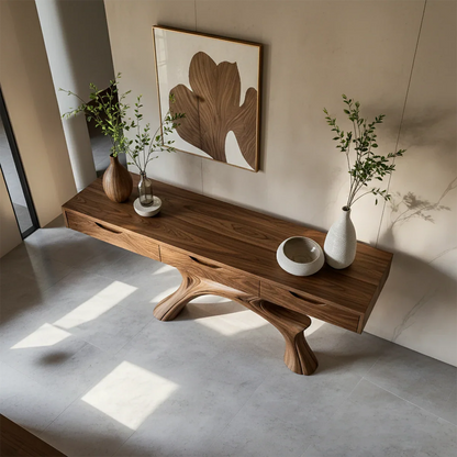 Minimal Natural Wood Console Table with Curved Sculptural Base and Drawers - ArborisWood - 6