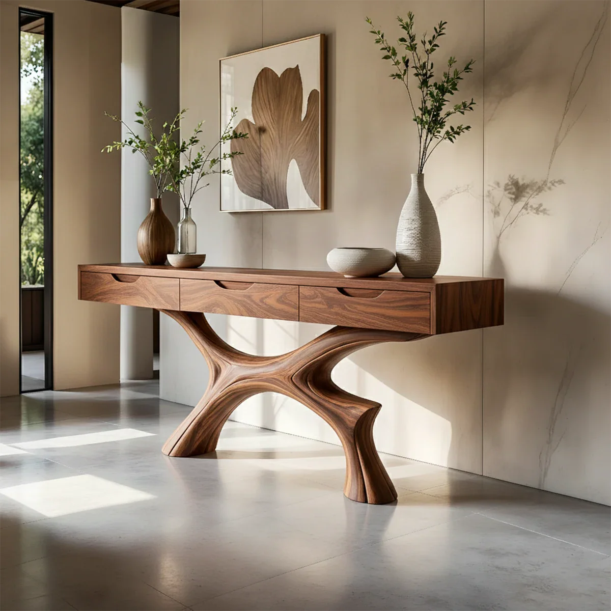 Minimal Natural Wood Console Table with Curved Sculptural Base and Drawers - ArborisWood - 7