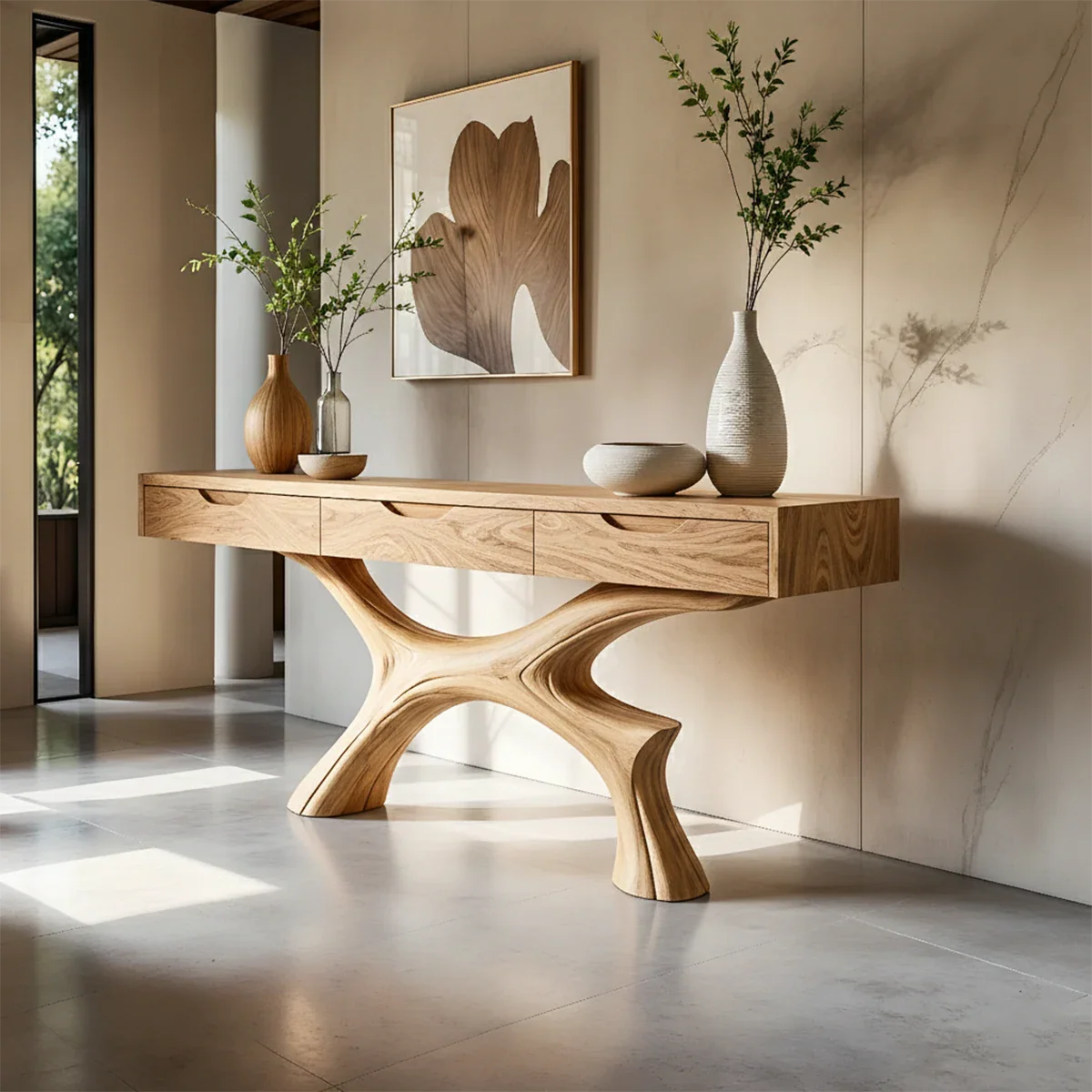 Minimal Natural Wood Console Table with Curved Sculptural Base and Drawers - ArborisWood - 8