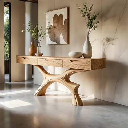 Minimal Natural Wood Console Table with Curved Sculptural Base and Drawers - ArborisWood - 8