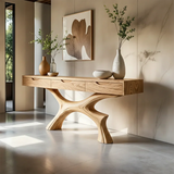 Minimal Natural Wood Console Table with Curved Sculptural Base and Drawers - Arboriswood - 8