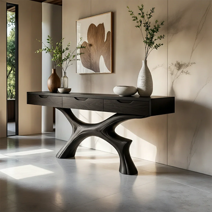 Minimal Natural Wood Console Table with Curved Sculptural Base and Drawers - ArborisWood - 9