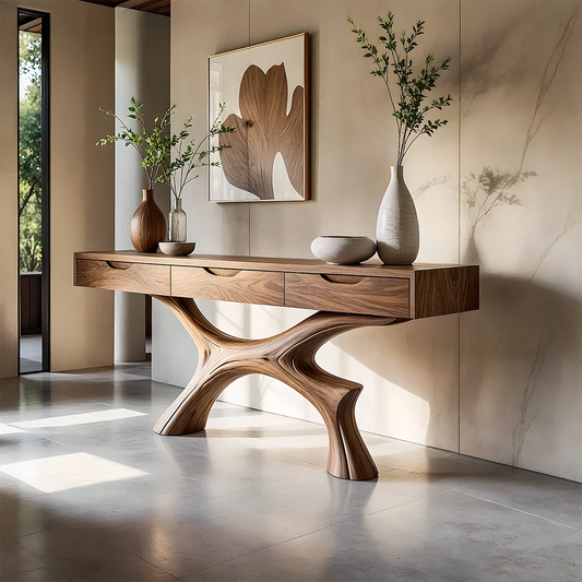 Minimal Natural Wood Console Table with Curved Sculptural Base and Drawers - ArborisWood