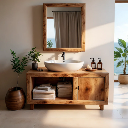 Minimal freestanding vanity in brown tone – solid wood bathroom vanity