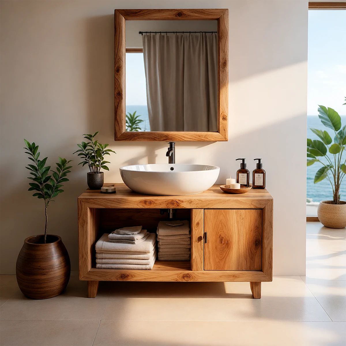 Natural Grain Bathroom Vanity Solid Wood Minimalist Style