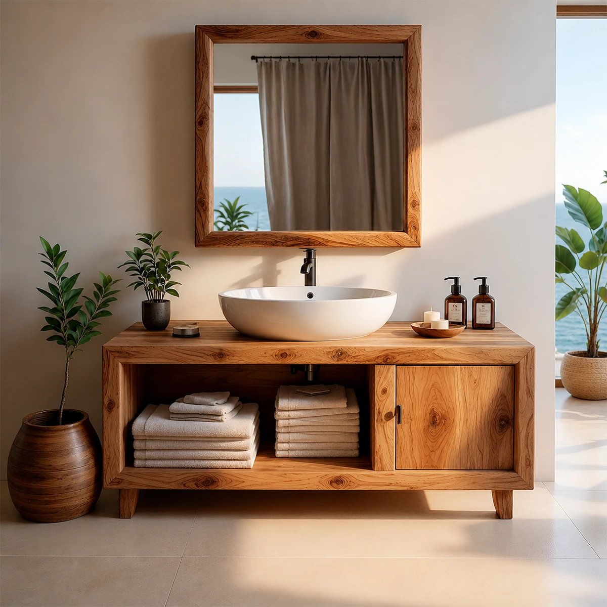 Natural Grain Bathroom Vanity Solid Wood Minimalist Style