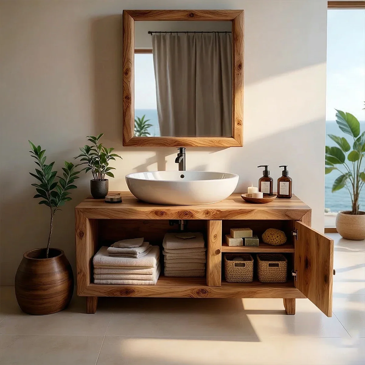 Minimal vanity with wood texture – modern bathroom vanity