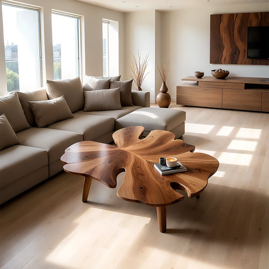 Walnut stain coffee table with curved sculptural base and smooth surface in a modern living space