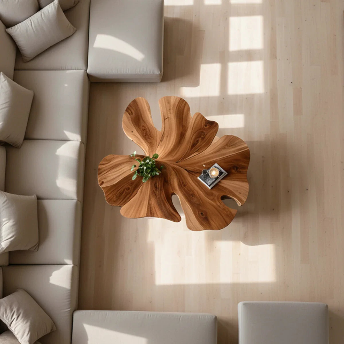 Coffee table with walnut stain featuring smooth edges and balanced design in a modern living space