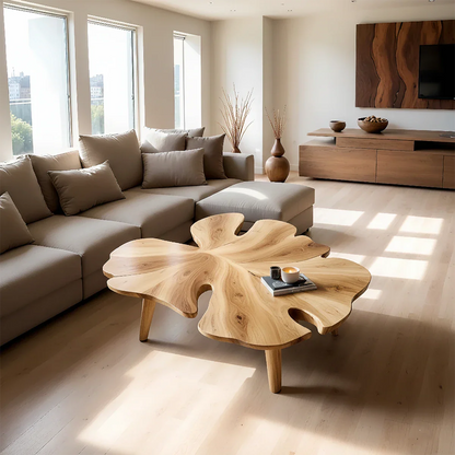 Oak stain coffee table with organic silhouette and smooth surface in a minimalist living room