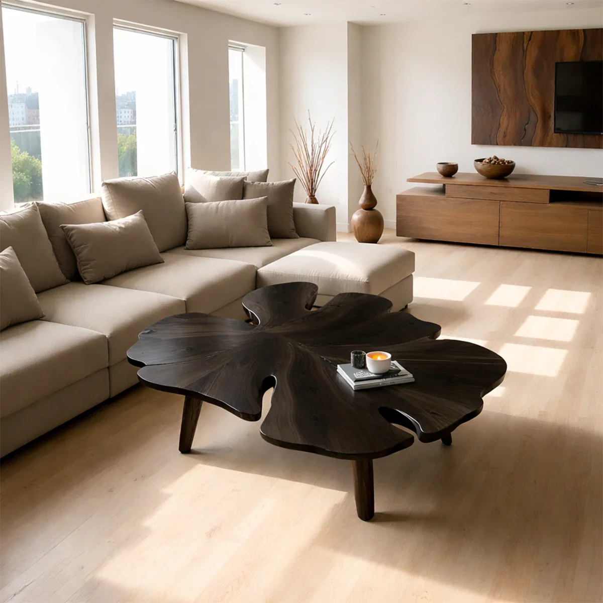 Coffee table in black stain with artistic base design and soft curves in a bright modern interior