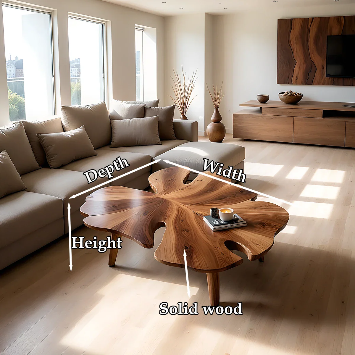 Walnut stain coffee table with flowing base shape and rounded top in a clean contemporary space