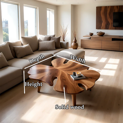 Walnut stain coffee table with flowing base shape and rounded top in a clean contemporary space