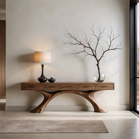 A modern console table featuring dual curved supports adds balance and elegance to this space