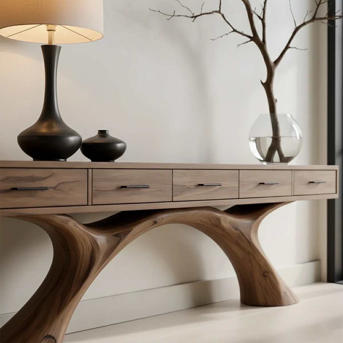 Solid wood console table with double arch base design creates a clean focal point in this room