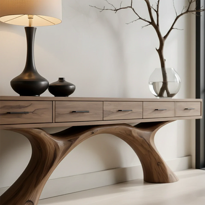 Solid wood console table with double arch base design creates a clean focal point in this room