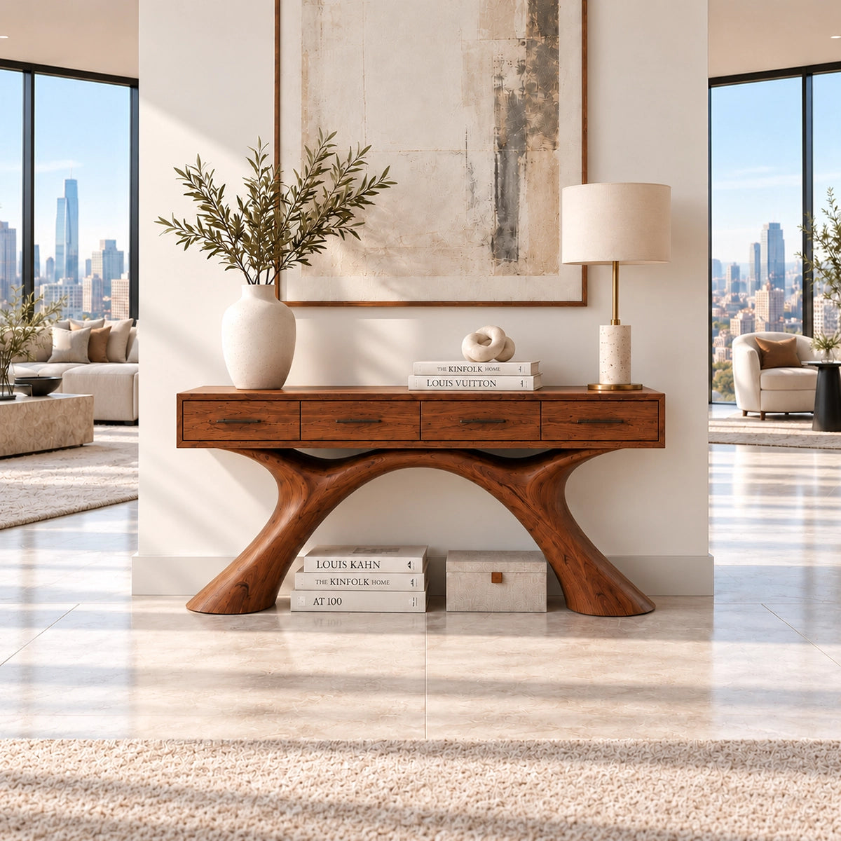 Natural Solid Wood Console Table with Storage Drawers for Modern Entryways