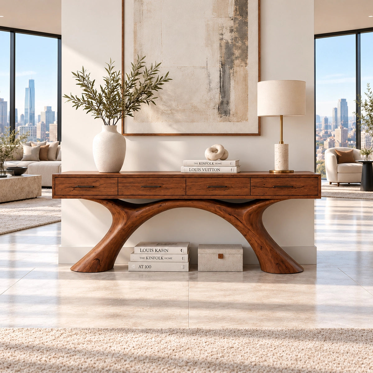 Natural Solid Wood Console Table with Storage Drawers for Modern Entryways