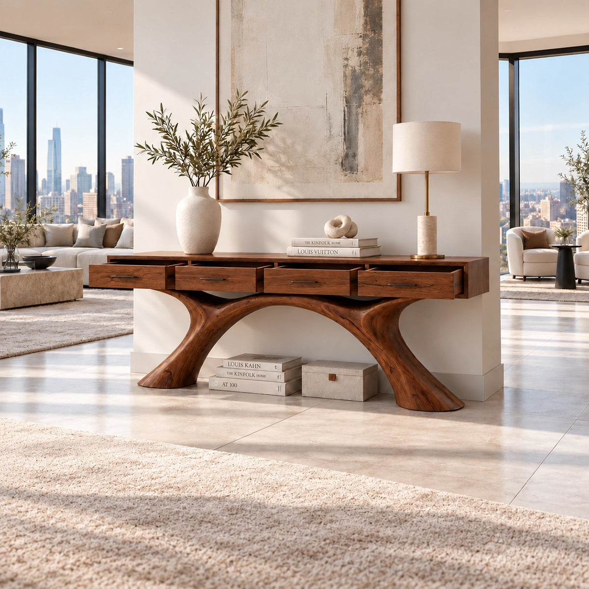 Natural Solid Wood Console Table with Storage Drawers for Modern Entryways