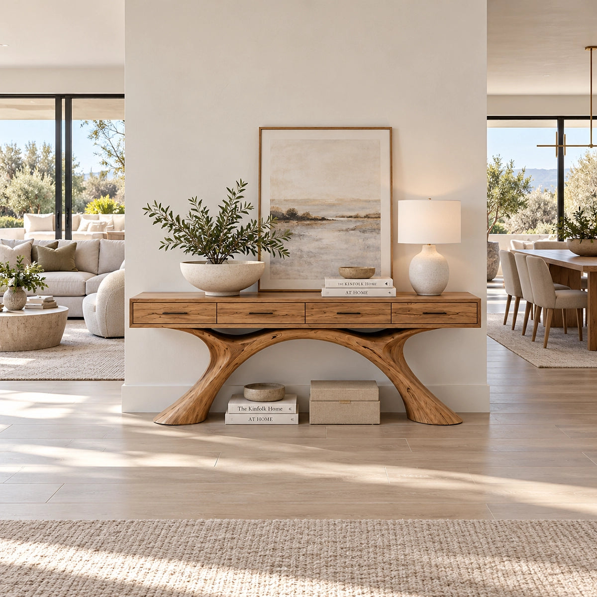 Natural Solid Wood Console Table with Storage Drawers for Modern Entryways