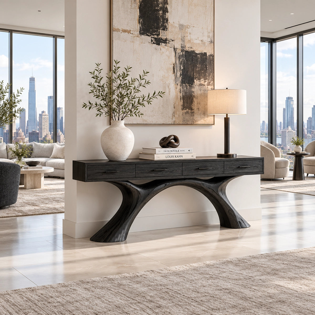 Natural Solid Wood Console Table with Storage Drawers for Modern Entryways