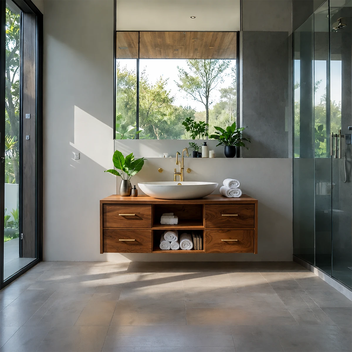 Minimalist Floating Natural Solid Wood Bathroom Vanity With Open Shelf Storage - ArborisWood - 13