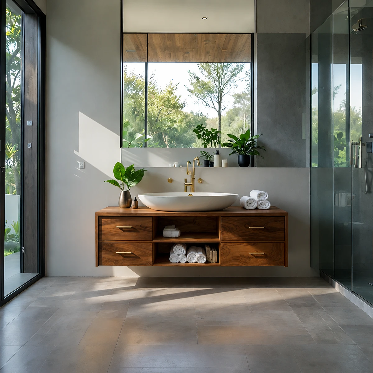 Minimalist Floating Natural Solid Wood Bathroom Vanity With Open Shelf Storage - ArborisWood - 14